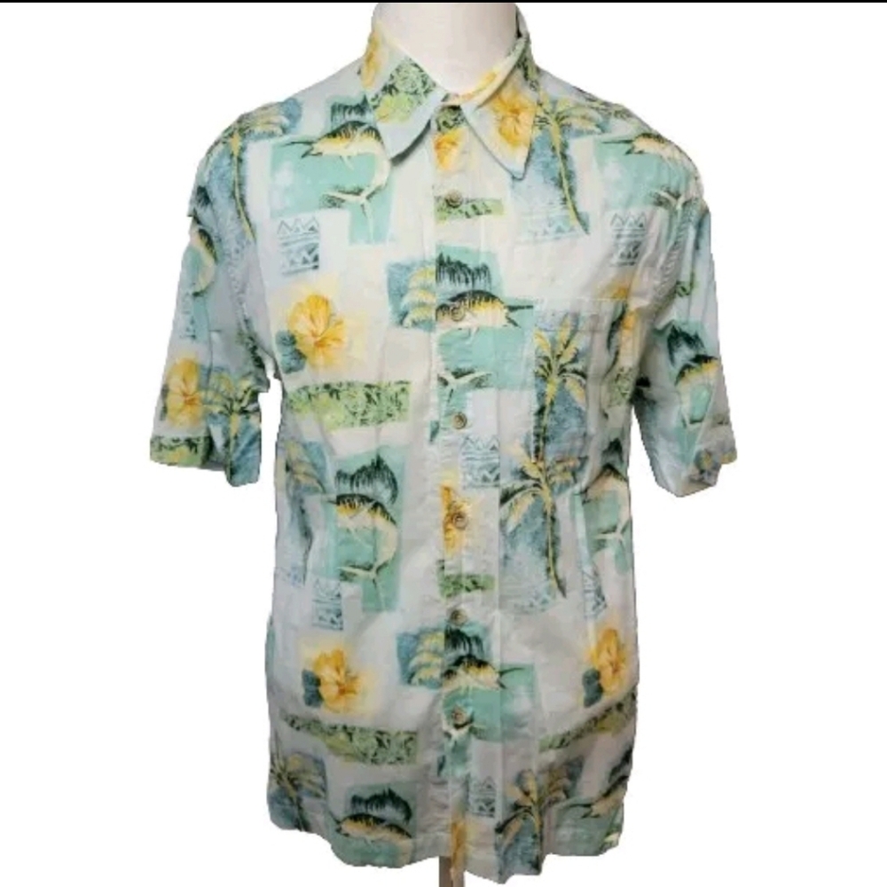 Fishing Life Men's Large Blue Cotton Hawiian Short Sleeve Marlin Hibiscus Shirt